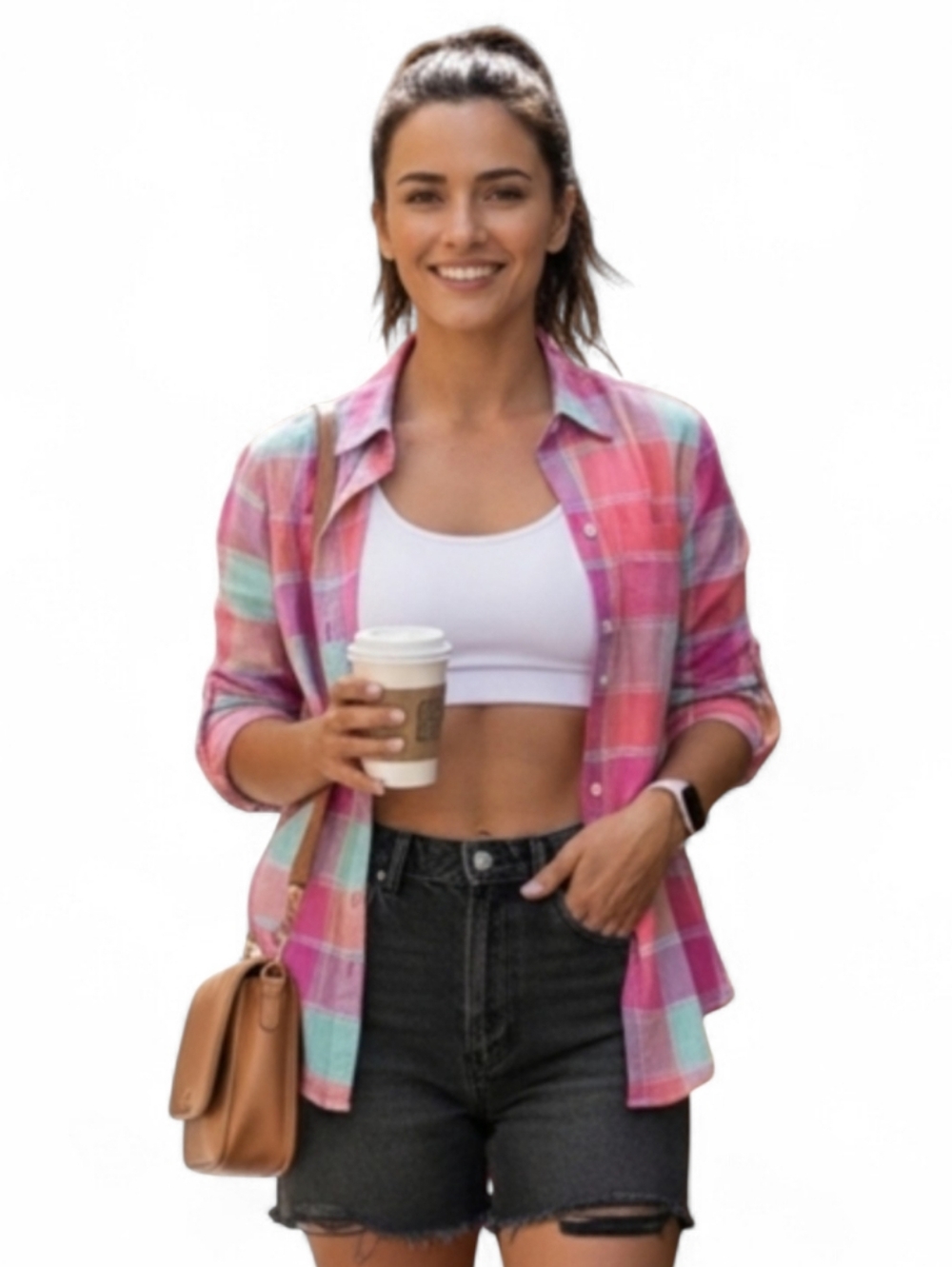 Foxcroft UPF 50+ Sun Protection Plaid Button Down Shirt Pink Teal SZ 8